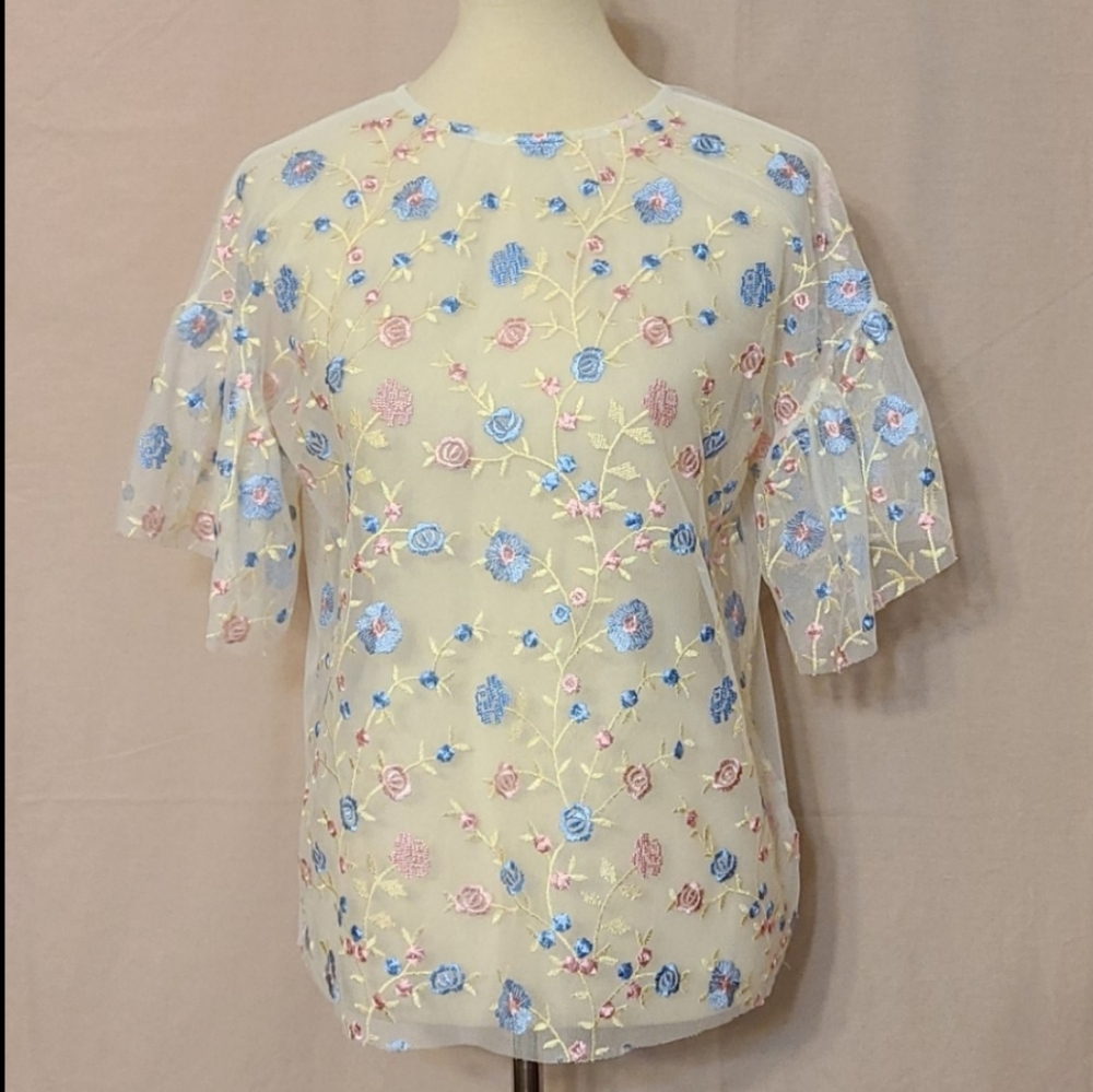 Sheer Floral Embroidered Short Sleeve Top
